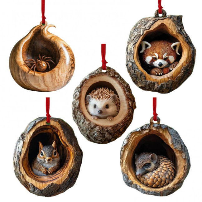 5Pcs Christmas Animal Ornaments 2D Acrylic Cute Wildlife Pendant Raccoon Owl Squirrel Hedgehog Bird Tree Hole Wood Texture Hanging Decorations 5Pcs Christmas Animal Ornaments 2D Acrylic Cute Wildlife Pendant Raccoon Owl Squirrel Hedgehog Bird Tree Hole Wood Texture Hanging Decorations