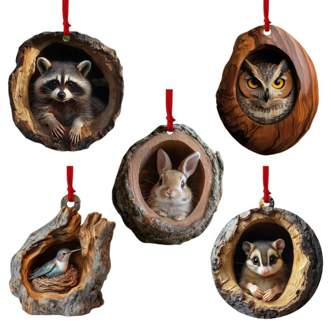 5Pcs Christmas Animal Ornaments 2D Acrylic Cute Wildlife Pendant Raccoon Owl Squirrel Hedgehog Bird Tree Hole Wood Texture Hanging Decorations 5Pcs Christmas Animal Ornaments 2D Acrylic Cute Wildlife Pendant Raccoon Owl Squirrel Hedgehog Bird Tree Hole Wood Texture Hanging Decorations
