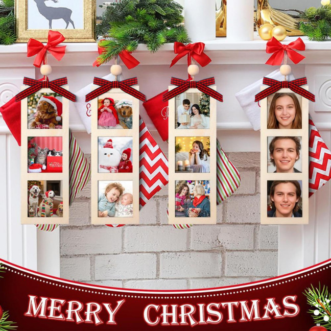Christmas Photo Frame Ornament Wooden Hanging Decoration with 6 Photo Frames Photo Strip Frame with Hanging Loop for Xmas Tree Decor