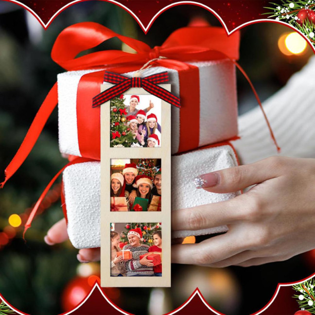 Christmas Photo Frame Ornament Wooden Hanging Decoration with 6 Photo Frames Photo Strip Frame with Hanging Loop for Xmas Tree Decor