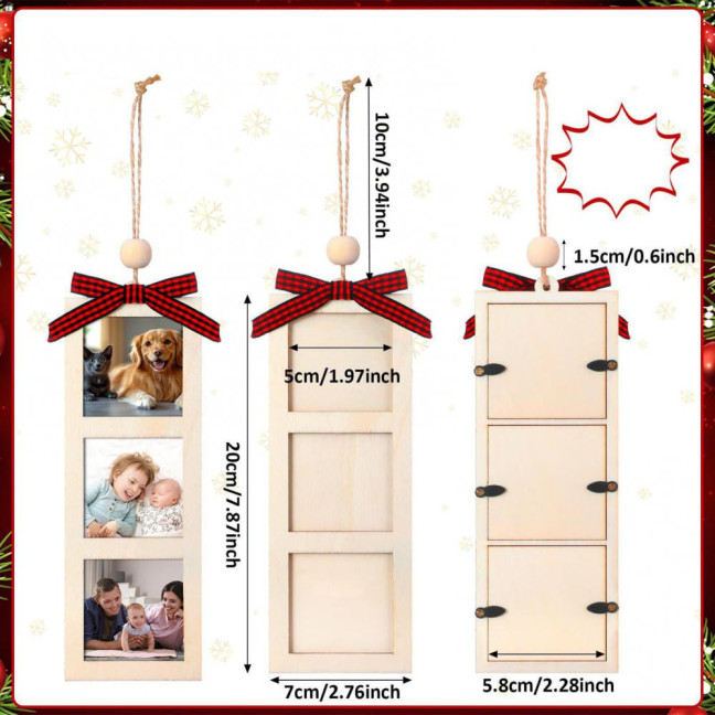 Christmas Photo Frame Ornament Wooden Hanging Decoration with 6 Photo Frames Photo Strip Frame with Hanging Loop for Xmas Tree Decor