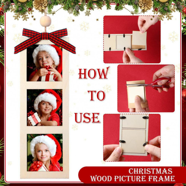 Christmas Photo Frame Ornament Wooden Hanging Decoration with 6 Photo Frames Photo Strip Frame with Hanging Loop for Xmas Tree Decor