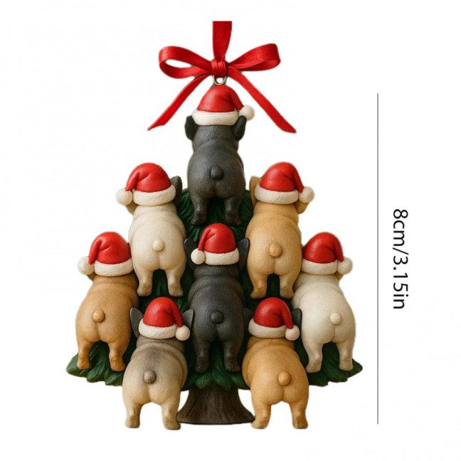 Funny Dog Butt Christmas Ornament Acrylic Bulldog Dog Butt Stacking Christmas Tree Hanging Decoration for Car Home Holiday Party Decor