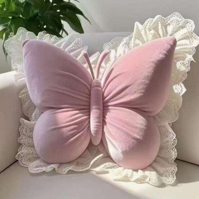 Butterfly Throw Pillow Plush Butterfly Shaped Pillow with Lace Edge Decorative Cute Stuffed Hugging Pillow for Sofa Couch Bed Car Lumbar Support