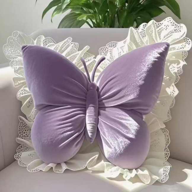 Butterfly Throw Pillow Plush Butterfly Shaped Pillow with Lace Edge Decorative Cute Stuffed Hugging Pillow for Sofa Couch Bed Car Lumbar Support