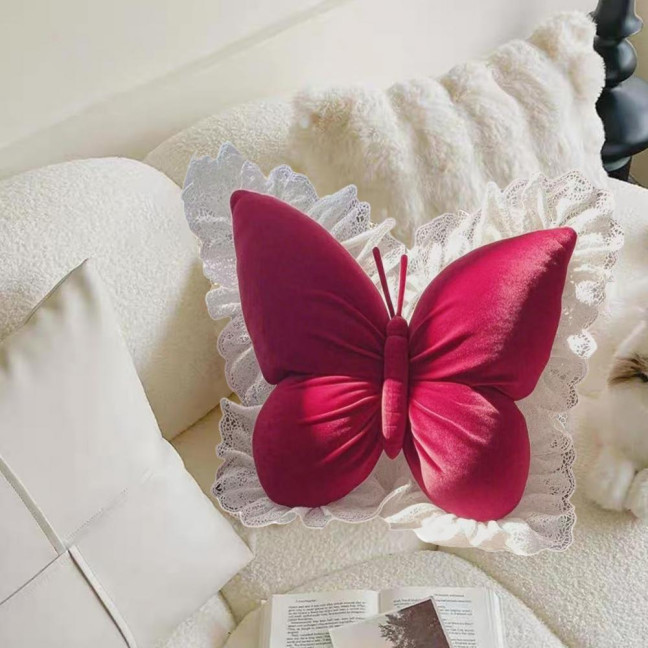 Butterfly Throw Pillow Plush Butterfly Shaped Pillow with Lace Edge Decorative Cute Stuffed Hugging Pillow for Sofa Couch Bed Car Lumbar Support