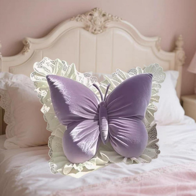 Butterfly Throw Pillow Plush Butterfly Shaped Pillow with Lace Edge Decorative Cute Stuffed Hugging Pillow for Sofa Couch Bed Car Lumbar Support