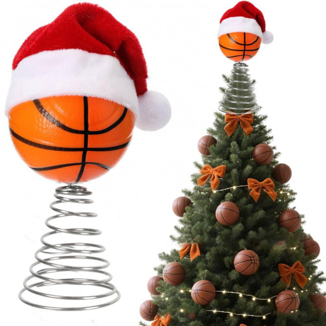 Rugby Christmas Tree Topper with Santa Hat Spring Base Bouncing Sports Ornament Fun Desk Decor for Holiday Parties Valentine's Day Gifts