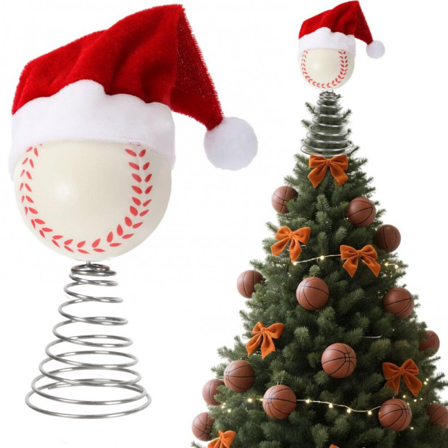 Rugby Christmas Tree Topper with Santa Hat Spring Base Bouncing Sports Ornament Fun Desk Decor for Holiday Parties Valentine's Day Gifts