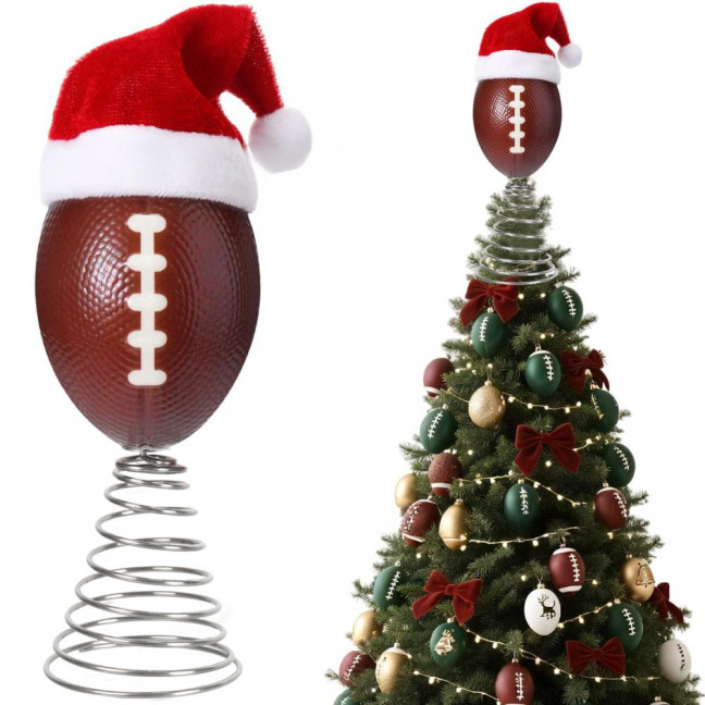 Rugby Christmas Tree Topper with Santa Hat Spring Base Bouncing Sports Ornament Fun Desk Decor for Holiday Parties Valentine's Day Gifts