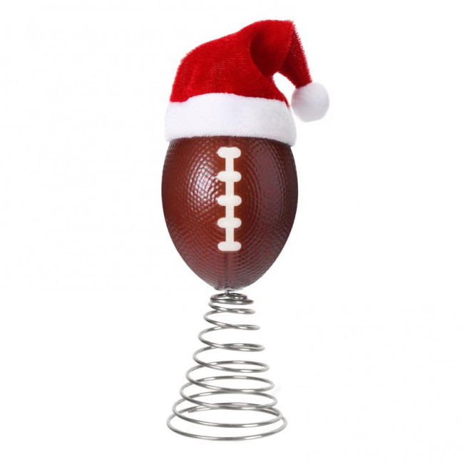 Rugby Christmas Tree Topper with Santa Hat Spring Base Bouncing Sports Ornament Fun Desk Decor for Holiday Parties Valentine's Day Gifts