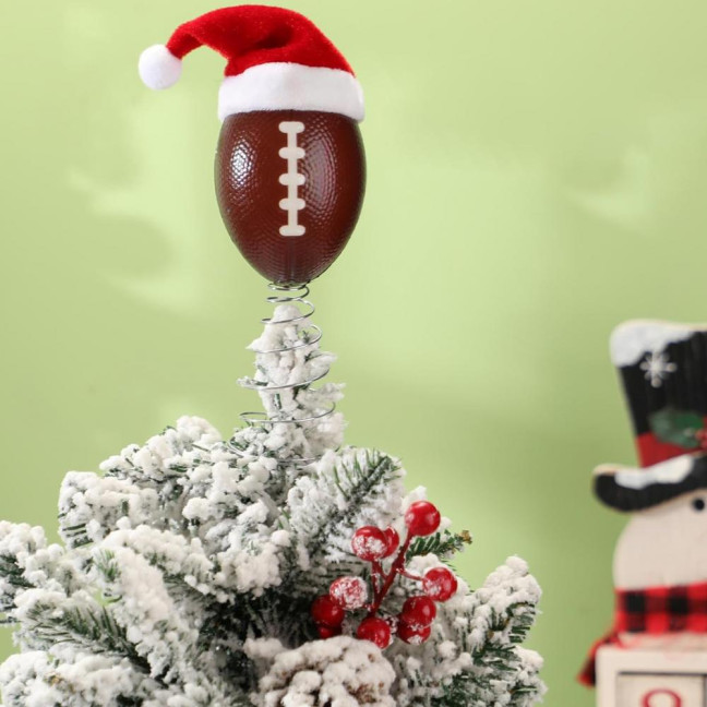 Rugby Christmas Tree Topper with Santa Hat Spring Base Bouncing Sports Ornament Fun Desk Decor for Holiday Parties Valentine's Day Gifts