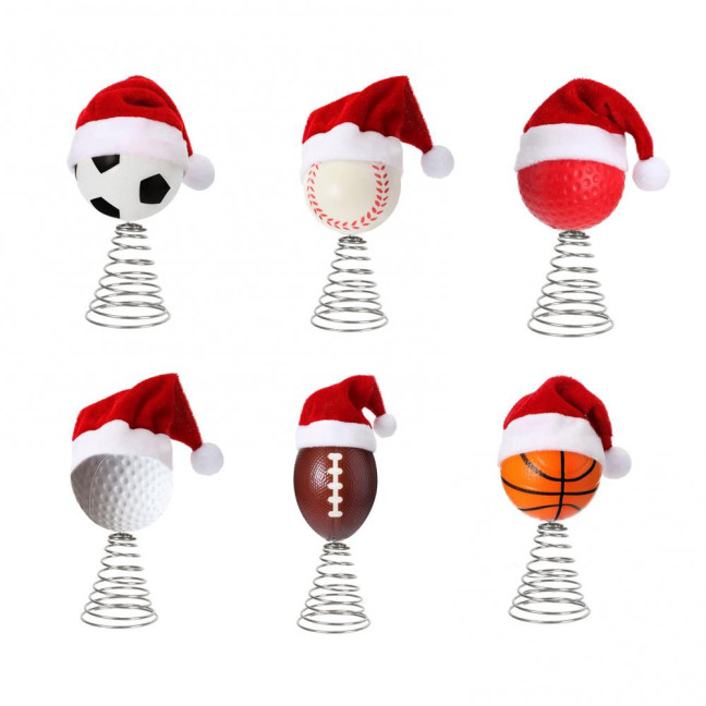 Rugby Christmas Tree Topper with Santa Hat Spring Base Bouncing Sports Ornament Fun Desk Decor for Holiday Parties Valentine's Day Gifts