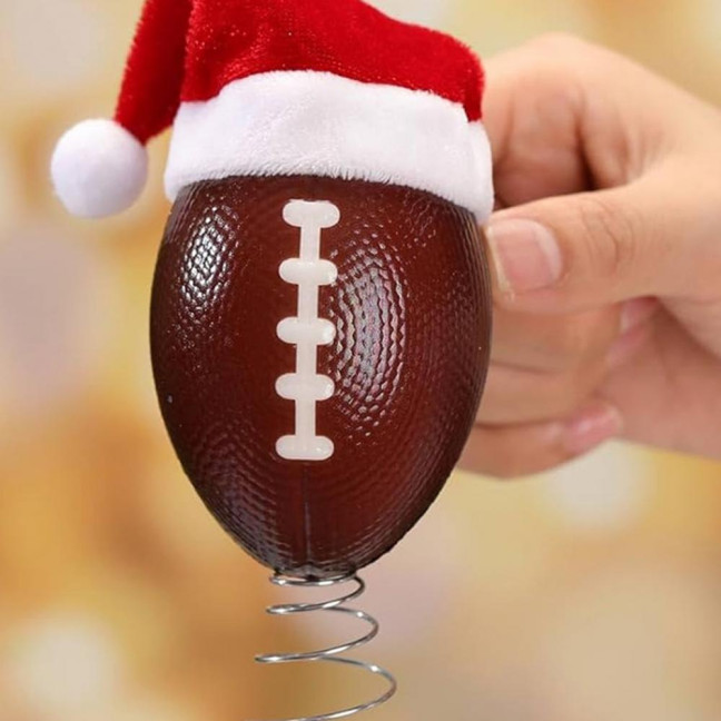 Rugby Christmas Tree Topper with Santa Hat Spring Base Bouncing Sports Ornament Fun Desk Decor for Holiday Parties Valentine's Day Gifts