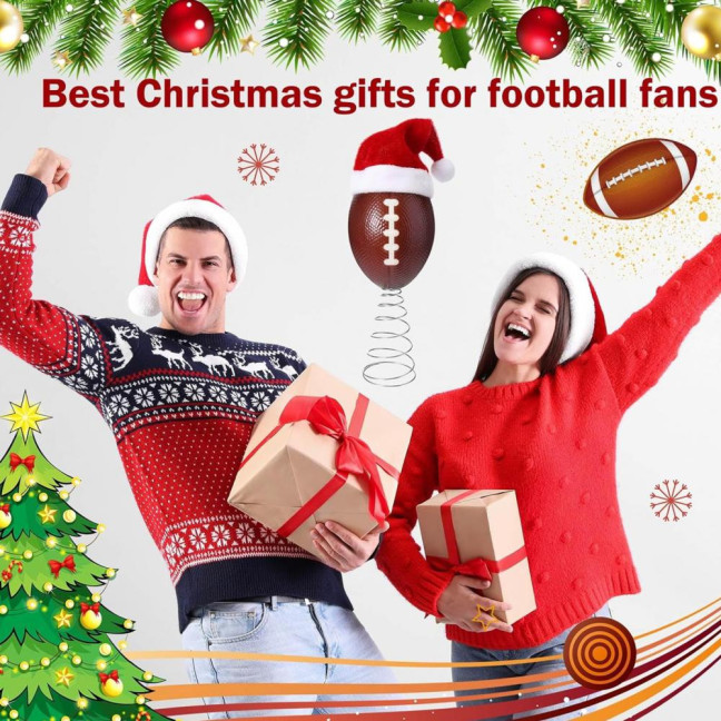 Rugby Christmas Tree Topper with Santa Hat Spring Base Bouncing Sports Ornament Fun Desk Decor for Holiday Parties Valentine's Day Gifts