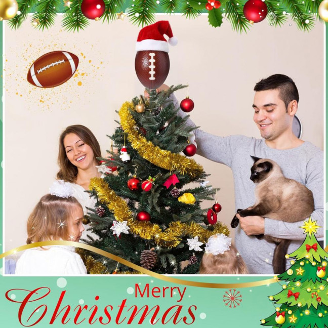 Rugby Christmas Tree Topper with Santa Hat Spring Base Bouncing Sports Ornament Fun Desk Decor for Holiday Parties Valentine's Day Gifts