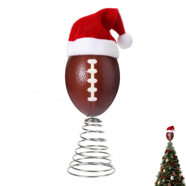 Rugby Christmas Tree Topper with Santa Hat Spring Base Bouncing Sports Ornament Fun Desk Decor for Holiday Parties Valentine's Day Gifts