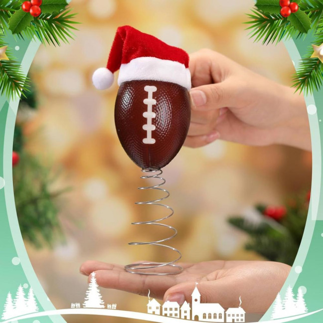 Rugby Christmas Tree Topper with Santa Hat Spring Base Bouncing Sports Ornament Fun Desk Decor for Holiday Parties Valentine's Day Gifts
