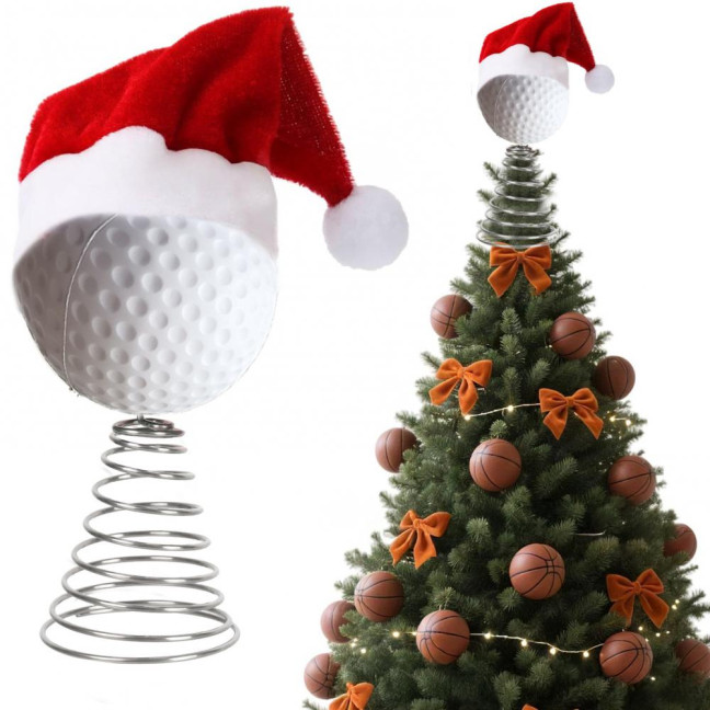 Rugby Christmas Tree Topper with Santa Hat Spring Base Bouncing Sports Ornament Fun Desk Decor for Holiday Parties Valentine's Day Gifts