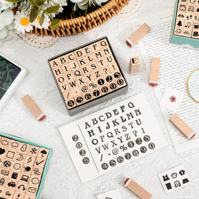42Pcs/Set Wooden Stamps Mini Alphabet Letter Number Stamps Craft Ink Stamp for DIY Craft Card Photo Album Scrapbooking Envelope