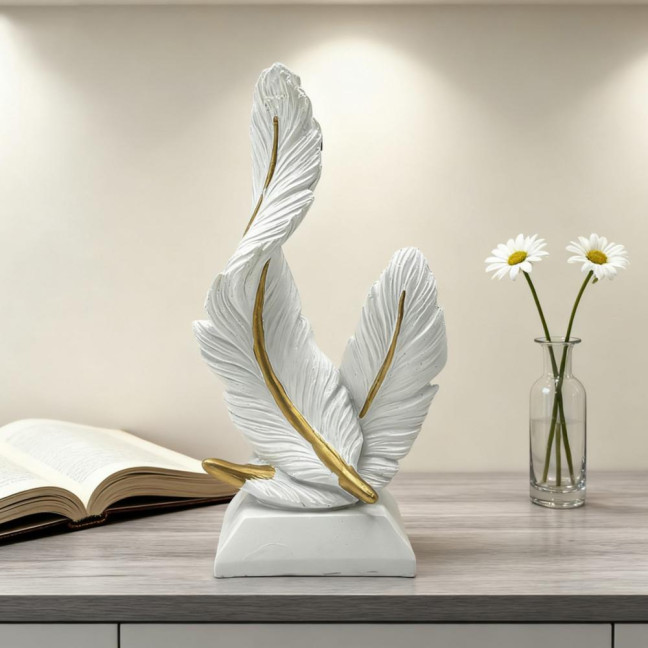 Artistic Feather Statue Modern Green White Feather Shape Resin Figurine Sculpture Home Office Desktop Decoration Ornament 