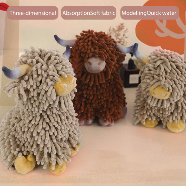 Fuzzy Animal Hand Towel Chenille Highland Cow Decorative Towel Cute Doll Absorbent Hand Towel for Bathroom Kitchen