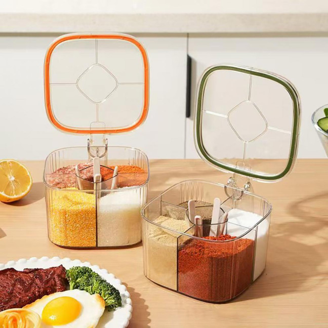 Kitchen Seasoning Jar with Spoon Slot Multi-Compartment Salt Pepper Organizer Transparent Seasoning Box Kitchen Seasoning Jar with Spoon Slot Multi-Compartment Salt Pepper Organizer Transparent Seasoning Box