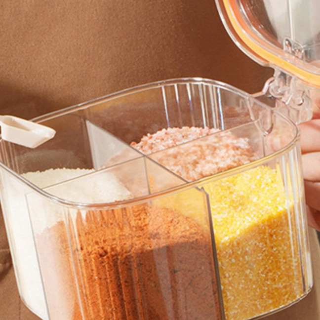 Kitchen Seasoning Jar with Spoon Slot Multi-Compartment Salt Pepper Organizer Transparent Seasoning Box Kitchen Seasoning Jar with Spoon Slot Multi-Compartment Salt Pepper Organizer Transparent Seasoning Box