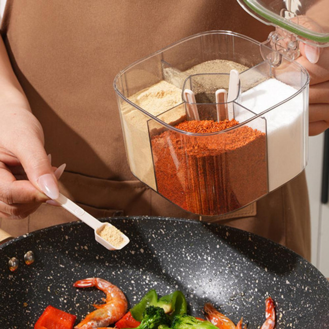 Kitchen Seasoning Jar with Spoon Slot Multi-Compartment Salt Pepper Organizer Transparent Seasoning Box Kitchen Seasoning Jar with Spoon Slot Multi-Compartment Salt Pepper Organizer Transparent Seasoning Box