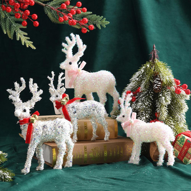 Christmas Reindeer Figurine Plastic White Elk Sculpture with Scarf Small Deer Statue Table Ornaments for Xmas Tabletop Mantel Shelf Decor