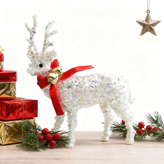Christmas Reindeer Figurine Plastic White Elk Sculpture with Scarf Small Deer Statue Table Ornaments for Xmas Tabletop Mantel Shelf Decor Christmas Reindeer Figurine Plastic White Elk Sculpture with Scarf Small Deer Statue Table Ornaments for Xmas Tabletop Mantel Shelf Decor