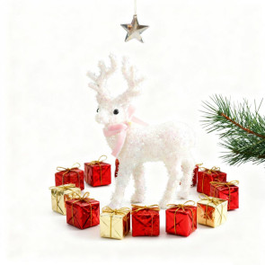 Christmas Reindeer Figurine Plastic White Elk Sculpture with Scarf Small Deer Statue Table Ornaments for Xmas Tabletop Mantel Shelf Decor