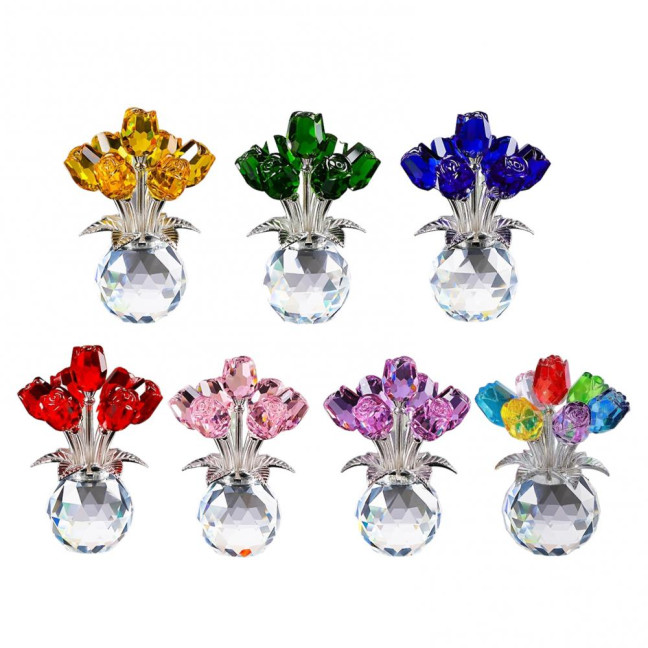 Faux Crystal Rose Flower Ornament Handmade Bouquet Figurine Mini Flower Vase Decoration Wife Girlfriend Women Wedding Anniversary Birthday Gift 