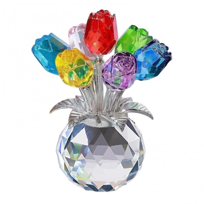Faux Crystal Rose Flower Ornament Handmade Bouquet Figurine Mini Flower Vase Decoration Wife Girlfriend Women Wedding Anniversary Birthday Gift 
