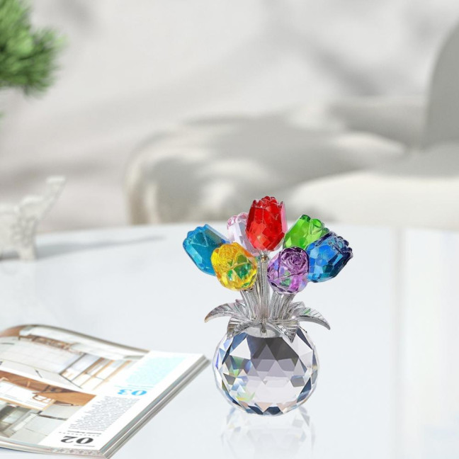 Faux Crystal Rose Flower Ornament Handmade Bouquet Figurine Mini Flower Vase Decoration Wife Girlfriend Women Wedding Anniversary Birthday Gift 