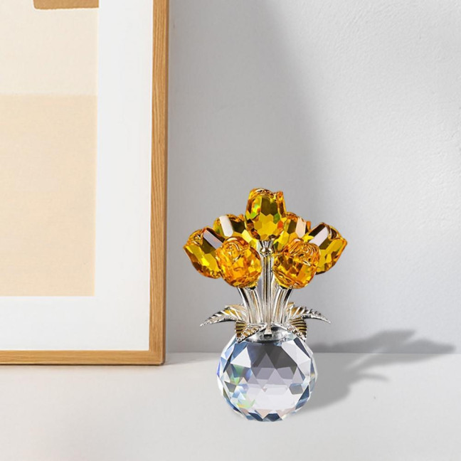 Faux Crystal Rose Flower Ornament Handmade Bouquet Figurine Mini Flower Vase Decoration Wife Girlfriend Women Wedding Anniversary Birthday Gift 