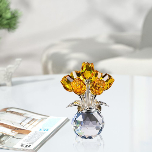 Faux Crystal Rose Flower Ornament Handmade Bouquet Figurine Mini Flower Vase Decoration Wife Girlfriend Women Wedding Anniversary Birthday Gift 