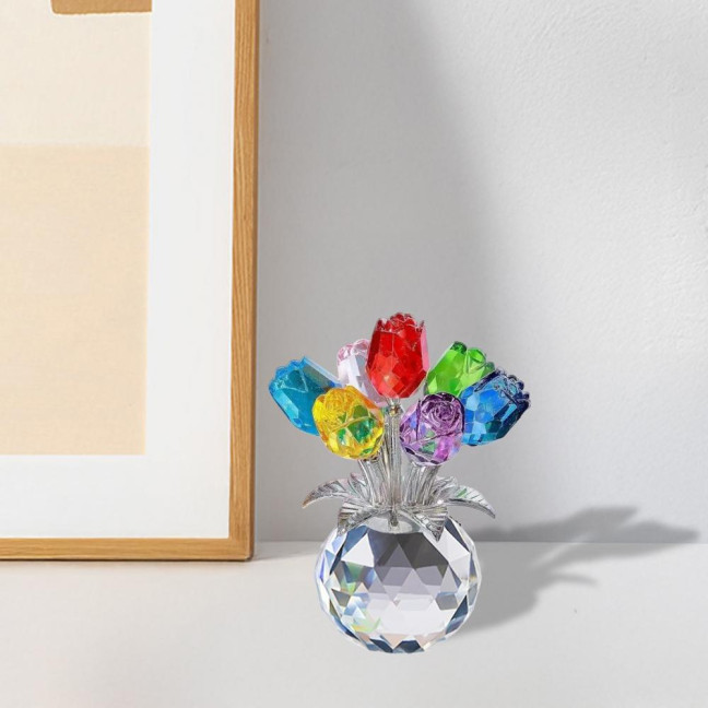 Faux Crystal Rose Flower Ornament Handmade Bouquet Figurine Mini Flower Vase Decoration Wife Girlfriend Women Wedding Anniversary Birthday Gift 