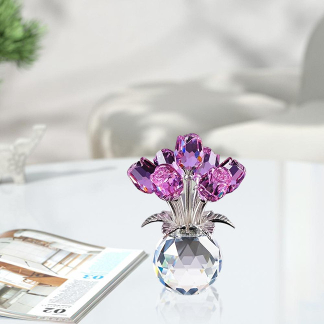 Faux Crystal Rose Flower Ornament Handmade Bouquet Figurine Mini Flower Vase Decoration Wife Girlfriend Women Wedding Anniversary Birthday Gift 