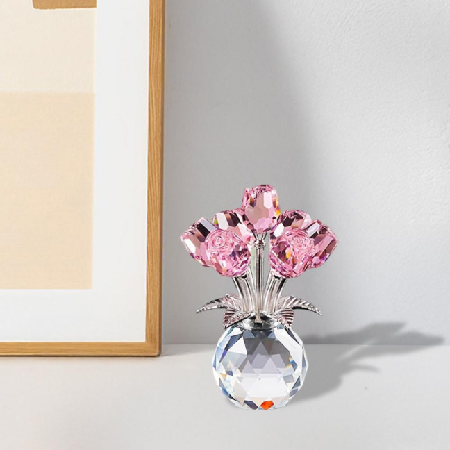 Faux Crystal Rose Flower Ornament Handmade Bouquet Figurine Mini Flower Vase Decoration Wife Girlfriend Women Wedding Anniversary Birthday Gift 