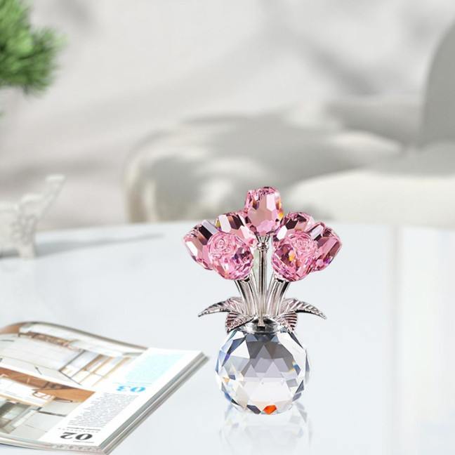 Faux Crystal Rose Flower Ornament Handmade Bouquet Figurine Mini Flower Vase Decoration Wife Girlfriend Women Wedding Anniversary Birthday Gift 