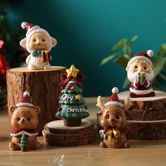 Christmas Miniature Figurines Mini Resin Santa Claus/Snowman/Tree/Bear/Rabbit Figurine 3D Cute Christmas Statue for Home Desk Decor Dollhouse Accessory