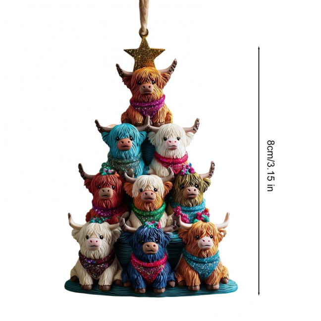 Highland Cow Christmas Ornament 2D Acrylic Christmas Car Ornaments Festive Themed Hanging Decor for Rearview Mirror Tree & Holiday Home Display