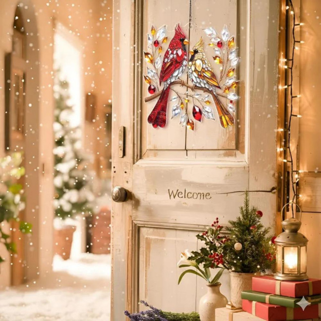 Red Bird Suncatcher Stained Glass Bird Couple Window Wall Door Hanging Ornament Memorial Gifts for Women Couples Bird Lovers