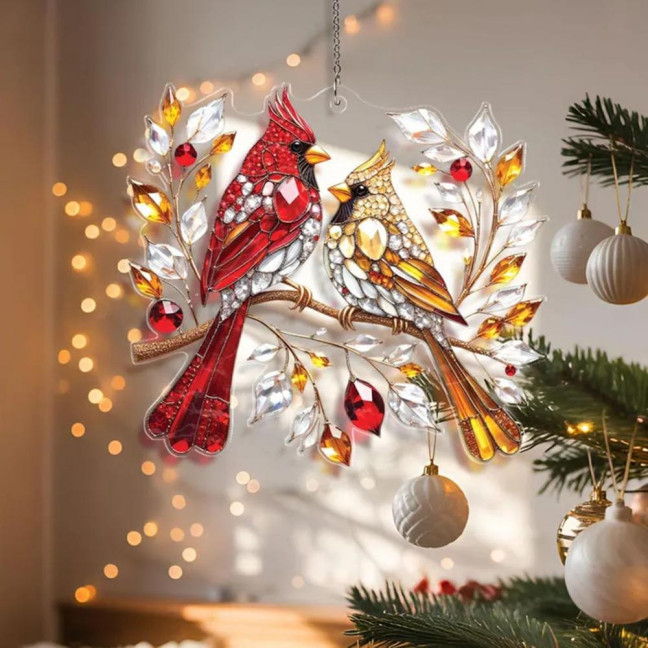 Red Bird Suncatcher Stained Glass Bird Couple Window Wall Door Hanging Ornament Memorial Gifts for Women Couples Bird Lovers