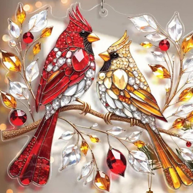Red Bird Suncatcher Stained Glass Bird Couple Window Wall Door Hanging Ornament Memorial Gifts for Women Couples Bird Lovers