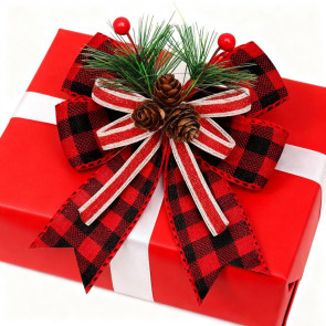 Christmas Burlap Plaid Bow with Pine Cones Pine Needles Large Buffalo Plaid Bow Xmas Wreath Checkered Bow for Holiday Crafts Home Party Tree Decor