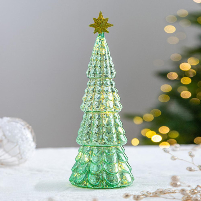 Illuminated Glass Christmas Tree Tabletop Light Up Christmas Tree Figurine for Xmas Home Party Centerpiece Tabletop Mantel Decor