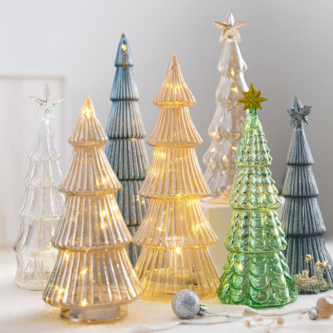 Illuminated Glass Christmas Tree Tabletop Light Up Christmas Tree Figurine for Xmas Home Party Centerpiece Tabletop Mantel Decor