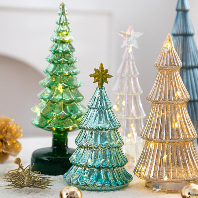 Illuminated Glass Christmas Tree Tabletop Light Up Christmas Tree Figurine for Xmas Home Party Centerpiece Tabletop Mantel Decor